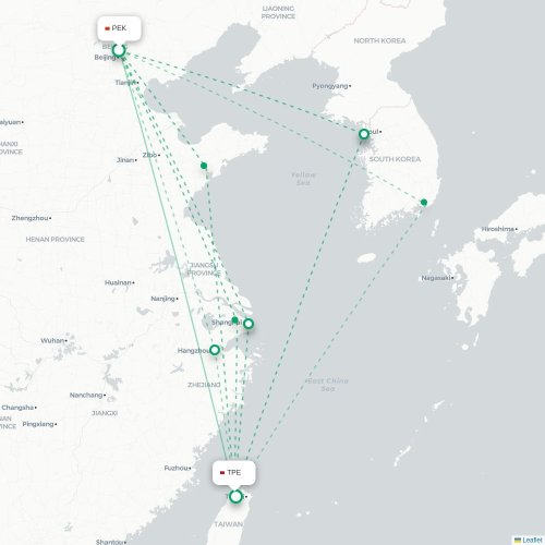 Mapa de vuelo directo Pekín - Taipéi