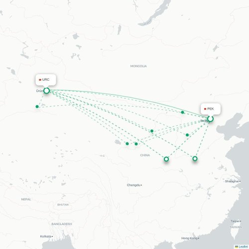 Mapa lotu bezpośredniego Pekin – Urumczi