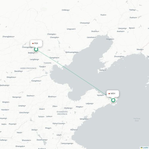 Mapa lotu bezpośredniego Pekin – Weihai