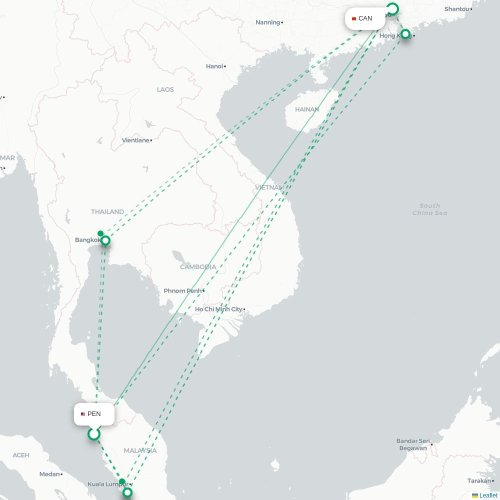 Mapa lotu bezpośredniego Penang – Kanton