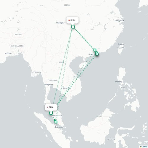 Mapa lotu bezpośredniego Penang – Chongqing