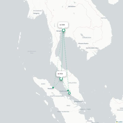 Mapa de vuelo directo Penang - Bangkok