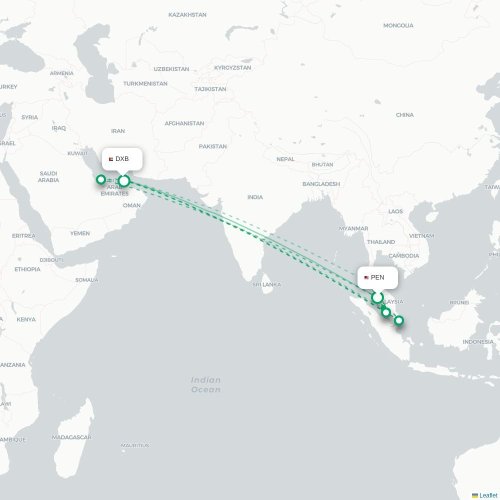 Mapa lotu bezpośredniego Penang – Dubaj
