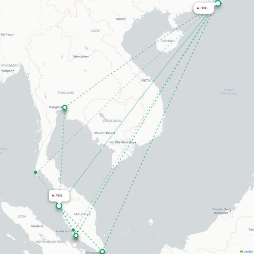 Mapa lotu bezpośredniego Penang – Hongkong