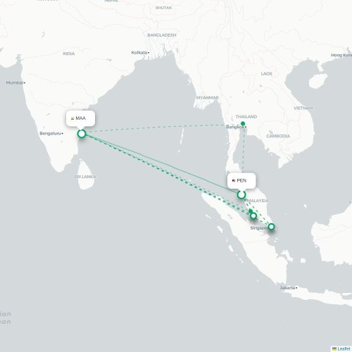Mapa de vuelo directo Penang - Madrás