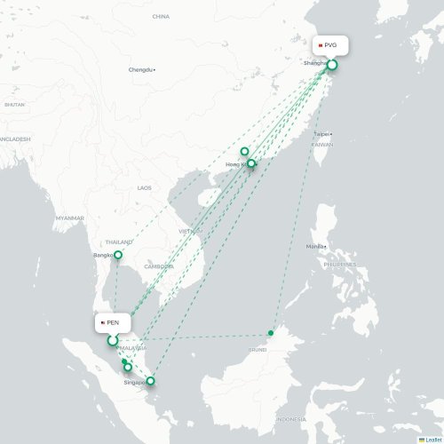 Mapa lotu bezpośredniego Penang – Szanghaj