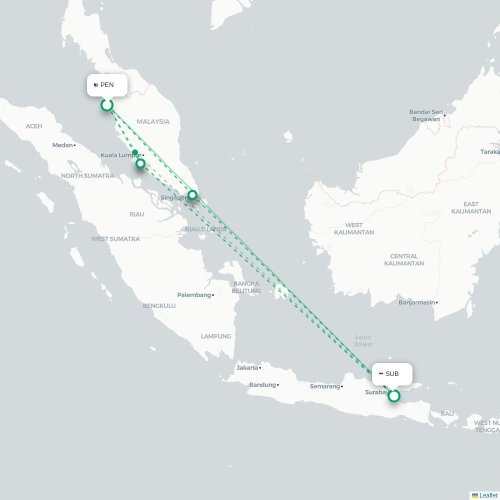 Mapa lotu bezpośredniego Penang – Surabaja