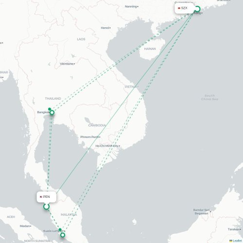 Mapa lotu bezpośredniego Penang – Shenzhen