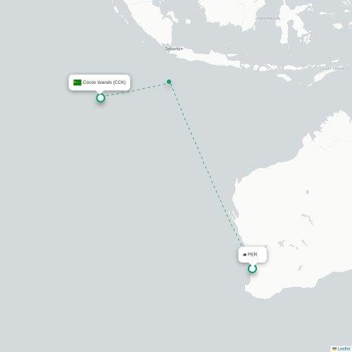 Perth - Cocos Islands kort over direkte fly