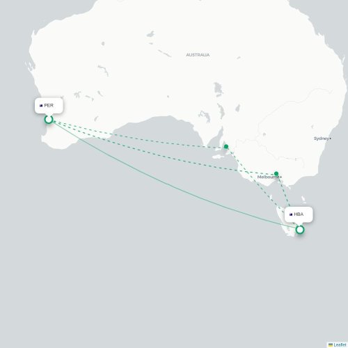 Mapa lotu bezpośredniego Perth Zachodnia – Hobart
