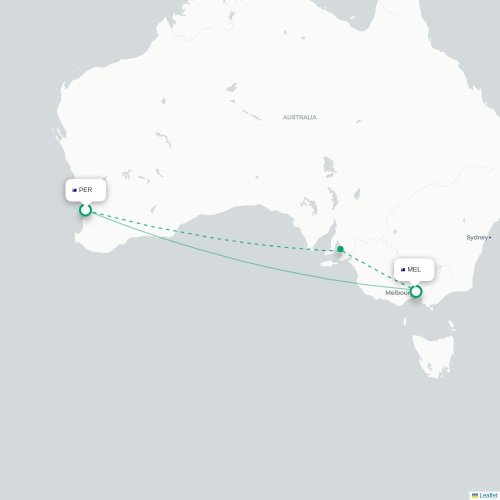 Mapa lotu bezpośredniego Perth Zachodnia – Melbourne