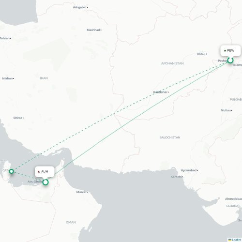 Mapa de vuelo directo Peshawar - Abu Dabi
