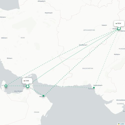 Mapa de vuelo directo Peshawar - Dubái