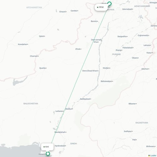 Mapa de vuelo directo Peshawar - Karachi