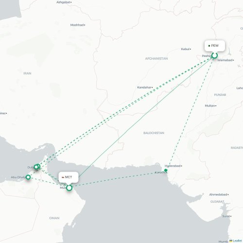 Mapa de vuelo directo Peshawar - Mascate