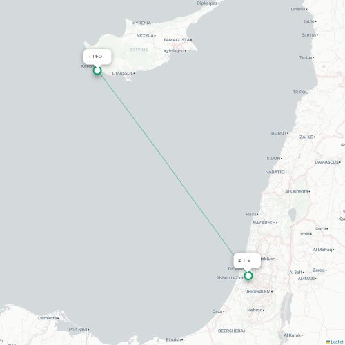 Mapa lotu bezpośredniego Pafos – Tel Awiw