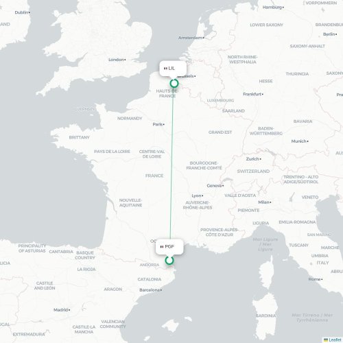 Mapa de vuelo directo Perpiñán - Lille