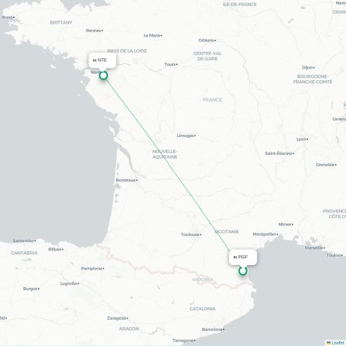 Mapa de vuelo directo Perpiñán - Nantes
