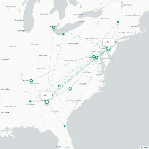 Mapa lotu bezpośredniego Filadelfia – Atlanta