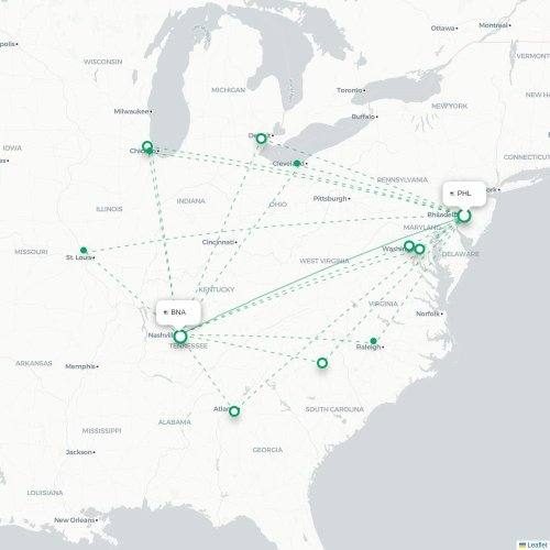Mapa lotu bezpośredniego Filadelfia – Nashville