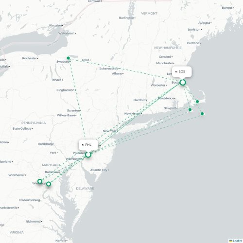 Mapa de vuelo directo Filadelfia - Boston