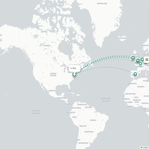 Mapa de vuelo directo Filadelfia - Budapest