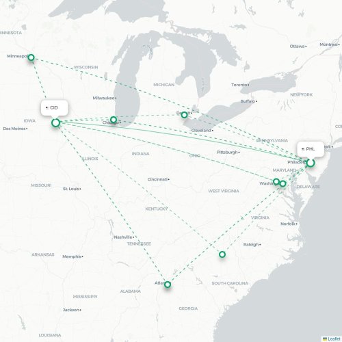 Mapa de vuelo directo Filadelfia - Cedar Rapids