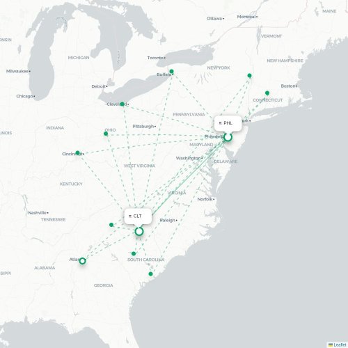 Mapa lotu bezpośredniego Filadelfia – Charlotte