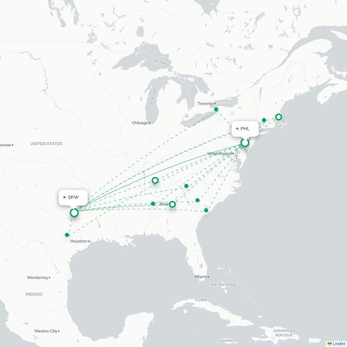 Mapa lotu bezpośredniego Filadelfia – Dallas