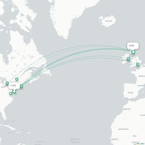 Mapa de vuelo directo Filadelfia - Edimburgo