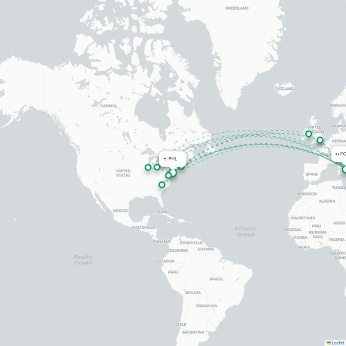 Mapa de vuelo directo Filadelfia - Roma