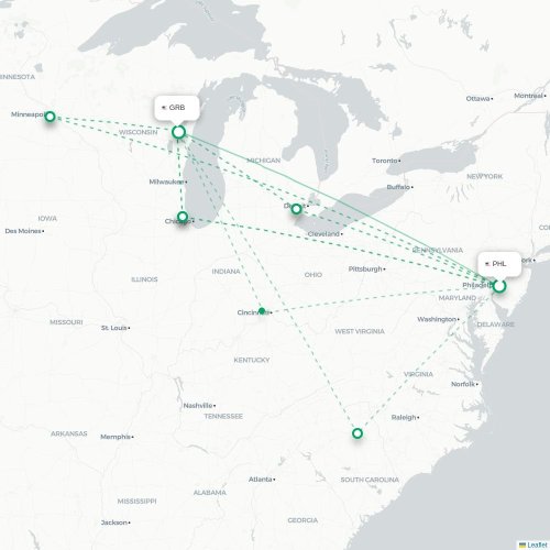 Mapa de vuelo directo Filadelfia - Green Bay