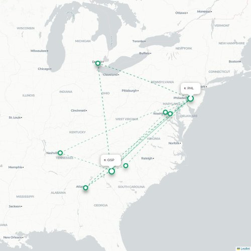 Mapa lotu bezpośredniego Filadelfia – Greenville