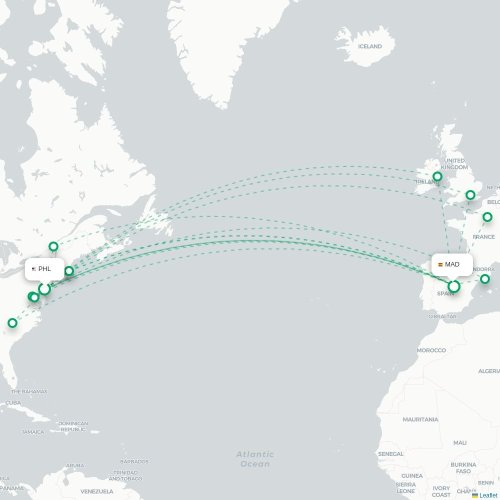 Mapa de vuelo directo Filadelfia - Madrid