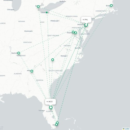 Mapa de vuelo directo Filadelfia - Orlando