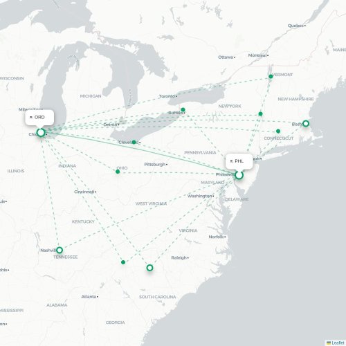 Mapa lotu bezpośredniego Filadelfia – Chicago