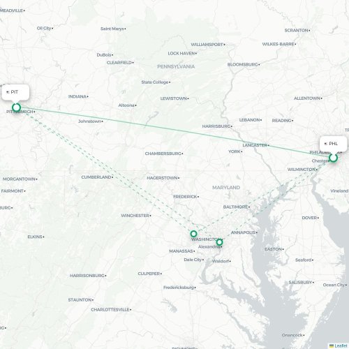 Mapa lotu bezpośredniego Filadelfia – Pittsburgh