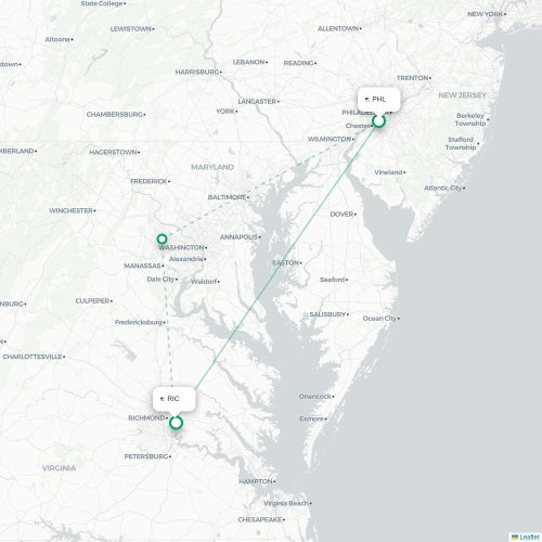 Philadelphia - Richmond kaart van rechtstreekse vlucht