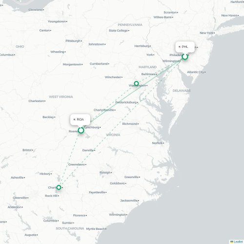 Mapa lotu bezpośredniego Filadelfia – Roanoke
