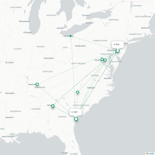 Mapa lotu bezpośredniego Filadelfia – Savannah