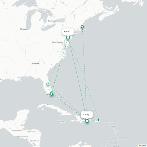 Mapa de vuelo directo Filadelfia - Santo Domingo