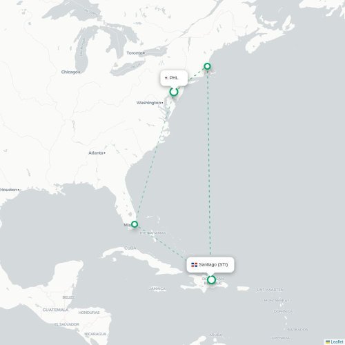 Mapa de vuelo directo Filadelfia - Santiago de los Caballeros