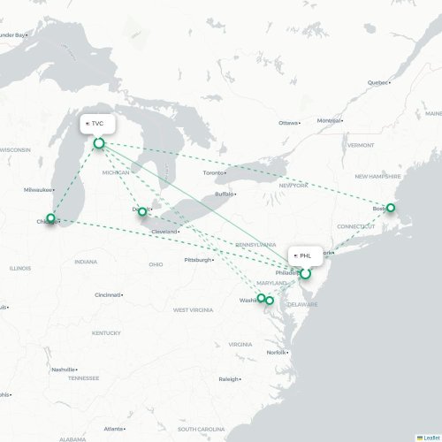 Mapa lotu bezpośredniego Filadelfia – Traverse City