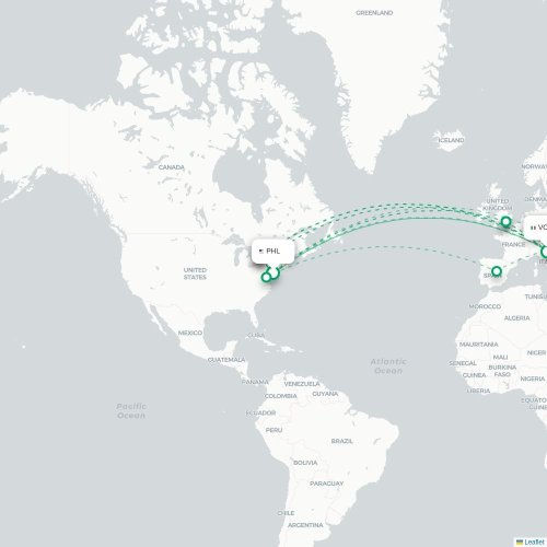 Mapa de vuelo directo Filadelfia - Venecia