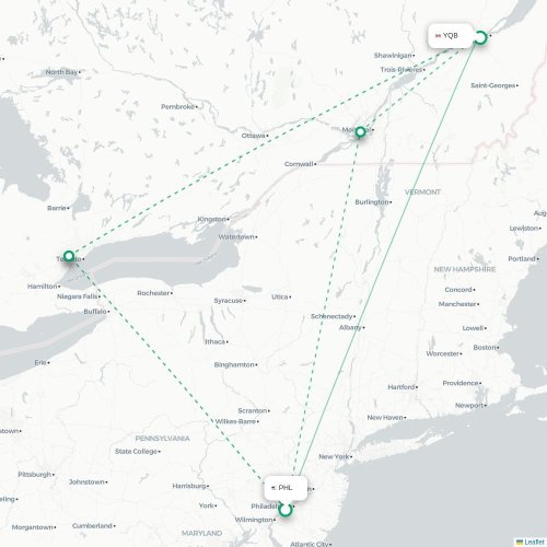 Philadelphia - Québec City kaart van rechtstreekse vlucht