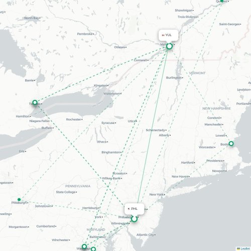 Philadelphia - Montréal kaart van rechtstreekse vlucht