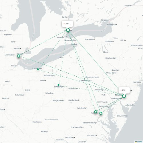 Philadelphia - Toronto kaart van rechtstreekse vlucht