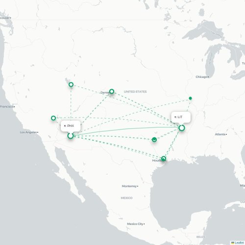 Mapa de vuelo directo Phoenix - Little Rock