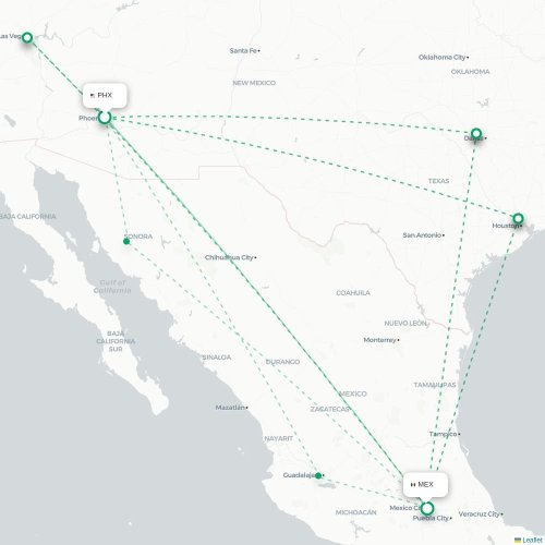 Mapa lotu bezpośredniego Phoenix – Meksyk