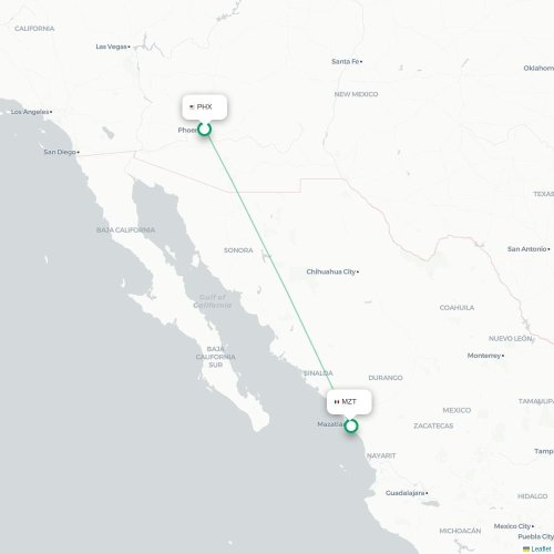 Mapa lotu bezpośredniego Phoenix – Mazatlán